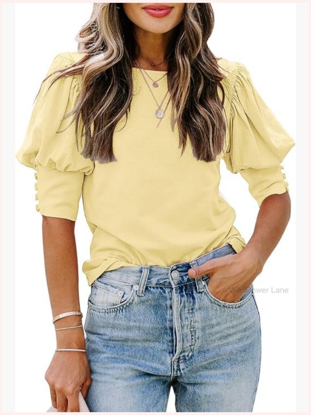 Puff Sleeve Top Womens Casual Blouse Summer Crewneck Loose Tunic